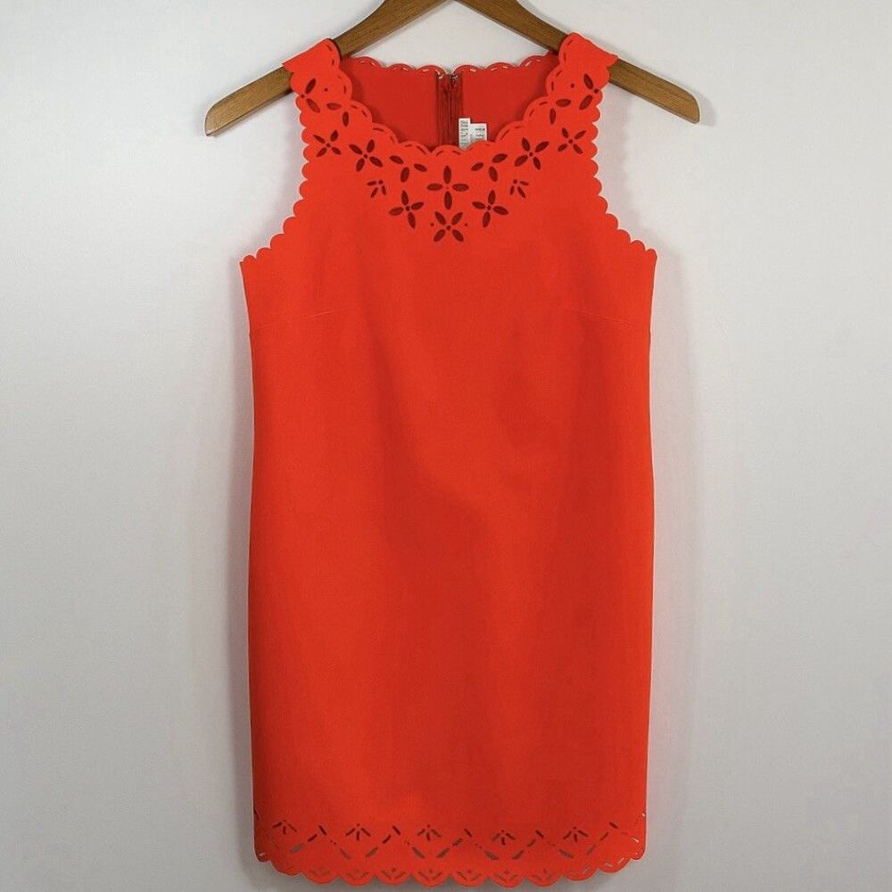J. Crew Shift Dress Size XS Orange Neon Scalloped Laser Cut Retro 70s Resortwear